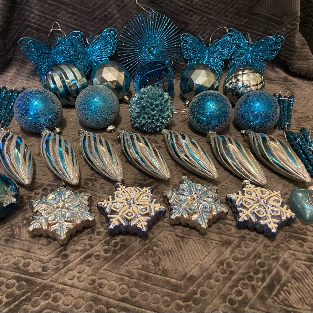 Turquoise Blue and Silver Holiday Unbreakable Ornament Set  (lot of 40)